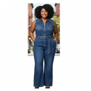 Vintage Y2K Denim Sleeveless Belted Flare Leg Jumpsuit Size 18